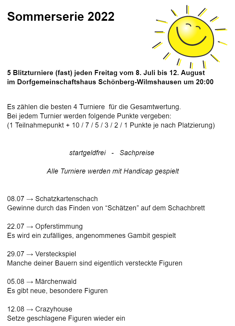 Fünf Blitzturnier vom 08. Juli bis zum 12. August. Immer Freitags ab 20:00 im DGH Schönberg. (Pause am 15. Juli)